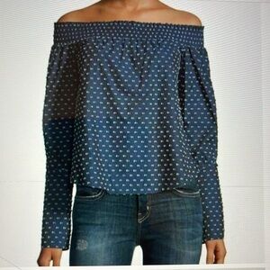 10 Crosby Derek Lam Blouse Off Shoulder Navy Clip Dot Long Sleeves Size 4